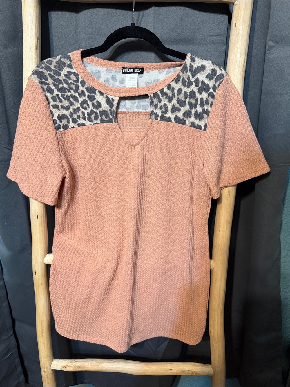 HEIMISH USA Peach Short Sleeve Top with Leopard Yoke